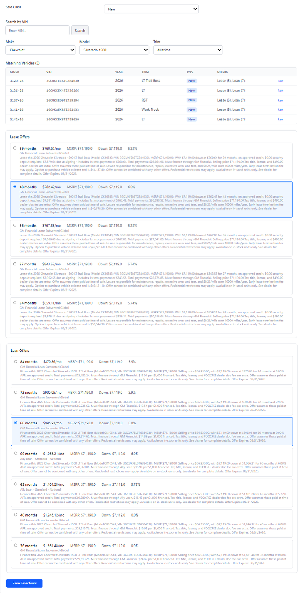 Payments Plus offer selection by make, model, and trim