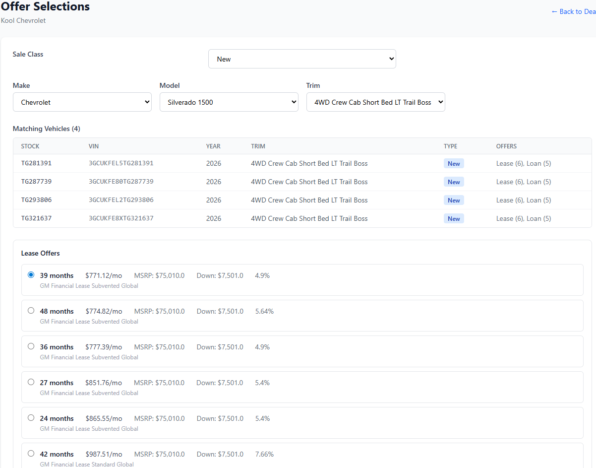 Payments Plus offer selection by make, model, and trim
